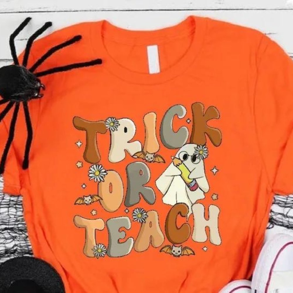 H0718 Halloween Teacher Spooky Trick Or Teach Fall School Ghost Pumpkin Skeleton